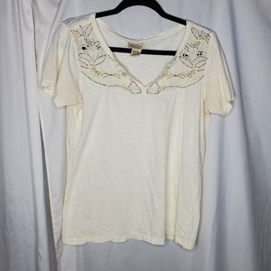 ♧♧ Lucky Brand Beaded Crochet Lace Ivory Short Sleeve Top Size Large Ivory
